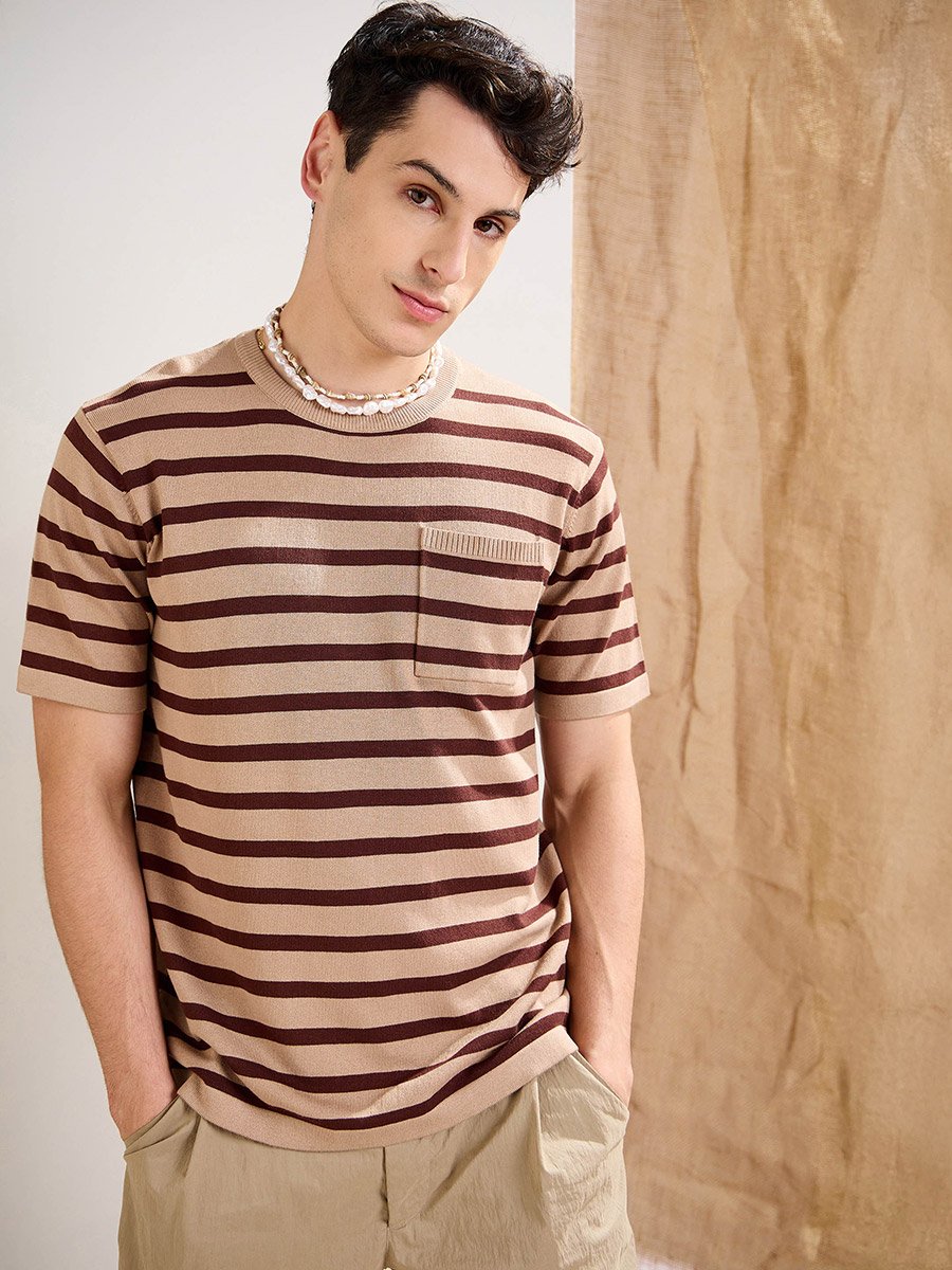 Beige and Brown Striped Premium Knit Chest Pocket T-Shirt
