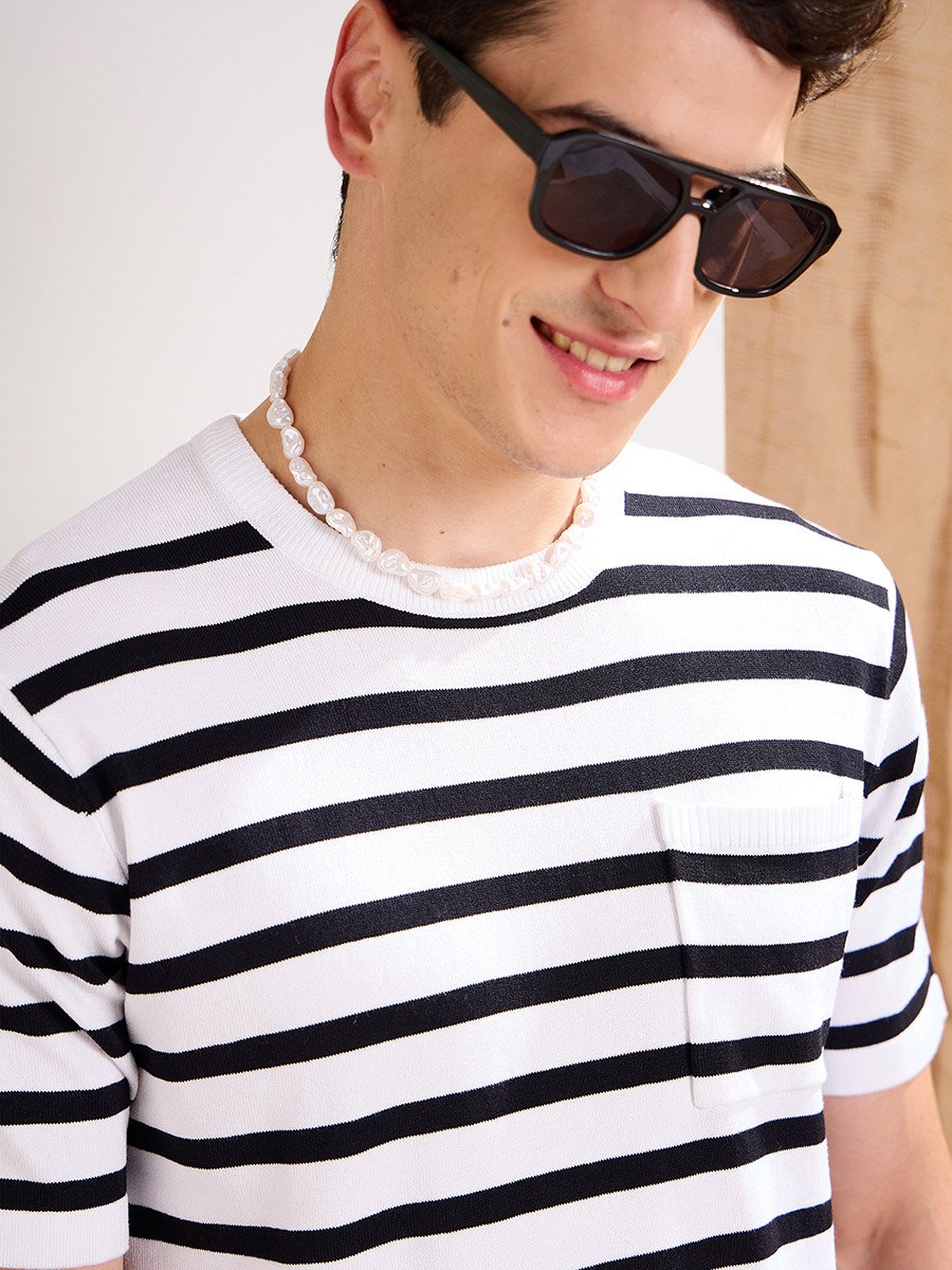 White and Black Striped Premium Knit Chest Pocket T-Shirt