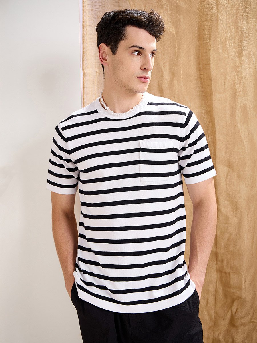 White and Black Striped Premium Knit Chest Pocket T-Shirt