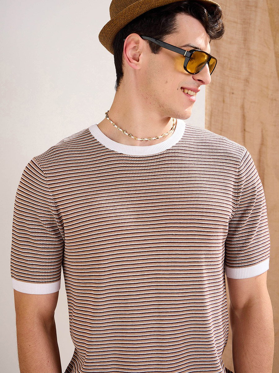 Beige and Brown Stripes Premium Knit T-Shirt