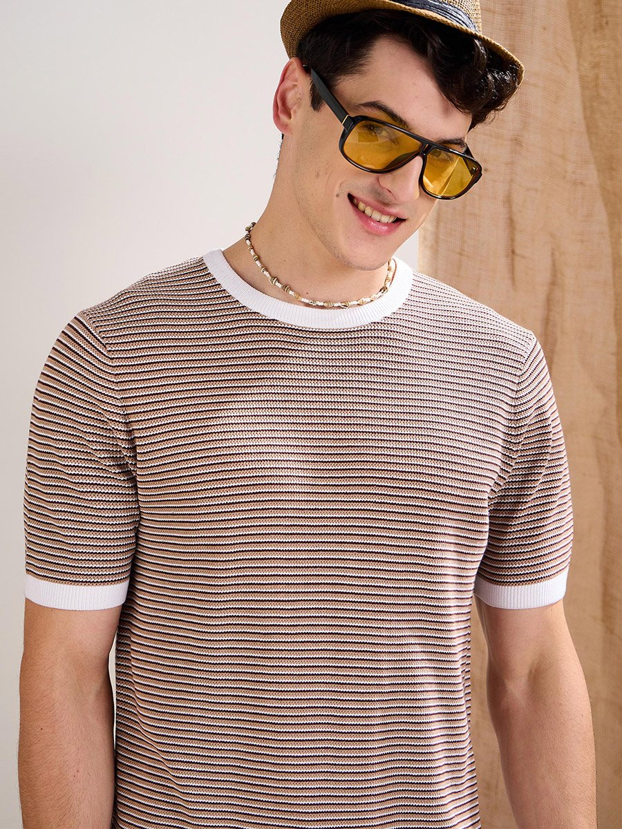 Beige and Brown Stripes Premium Knit T-Shirt