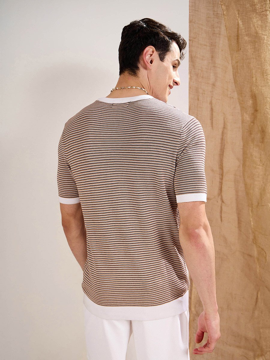 Beige and Brown Stripes Premium Knit T-Shirt