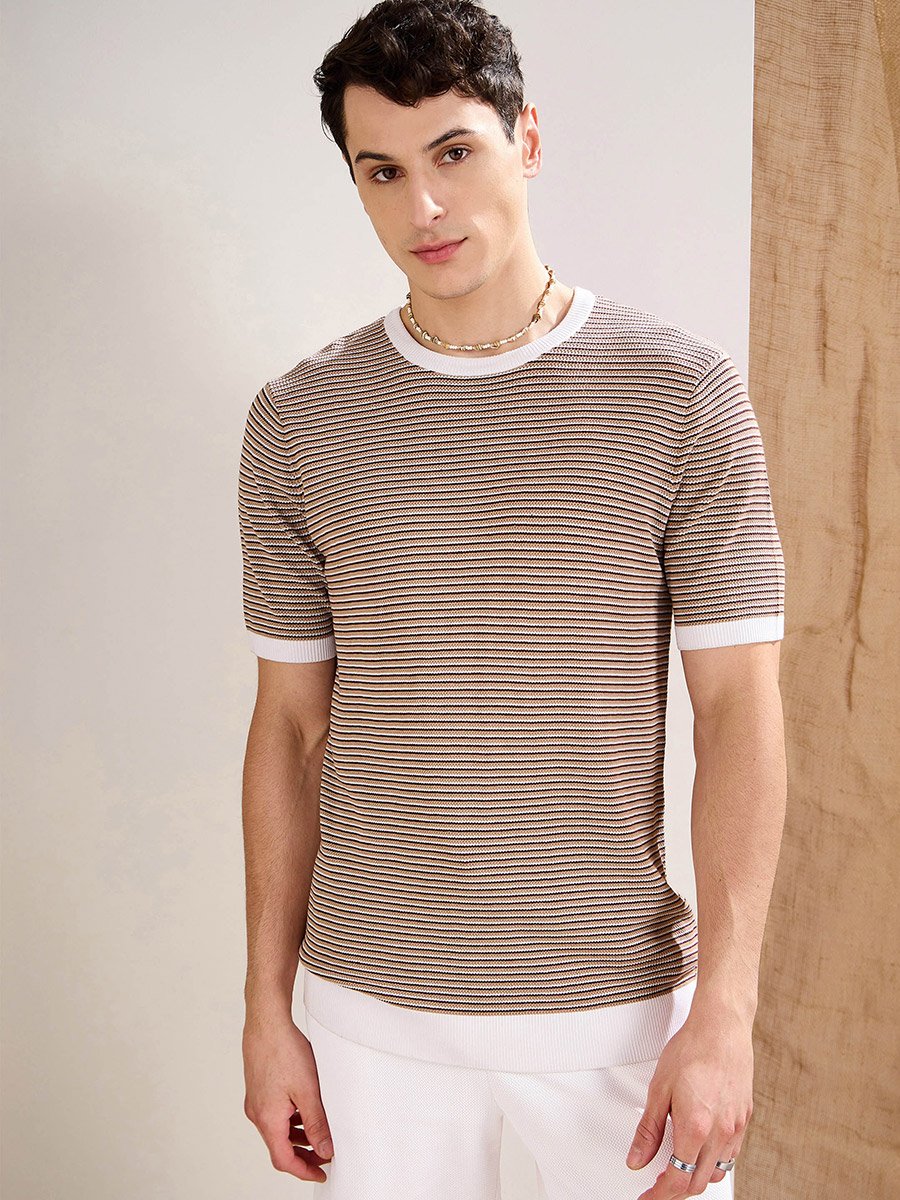 Beige and Brown Stripes Premium Knit T-Shirt