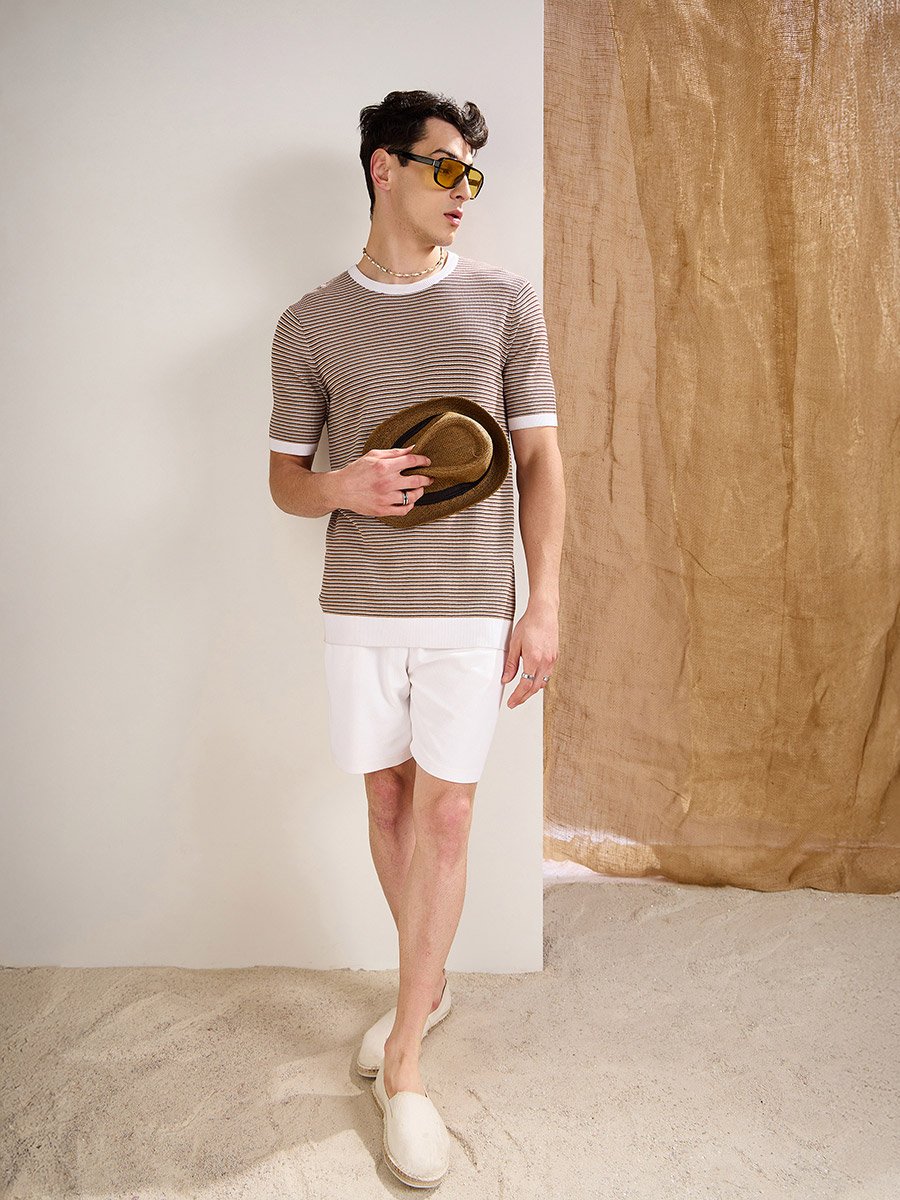 Beige and Brown Stripes Premium Knit T-Shirt