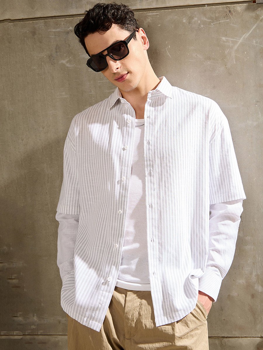 Men Striped Overlap Long Sleeve Relaxed Fit Shirt