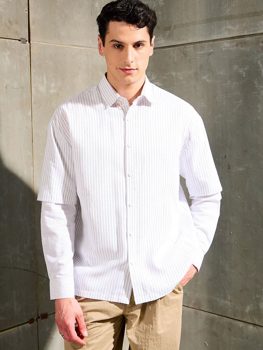 Men Striped Overlap Long Sleeve Relaxed Fit Shirt