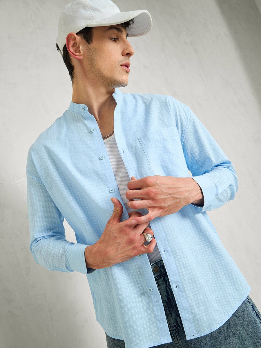 Men Blue Striped Mandarin Collar Relaxed Fit Shirt
