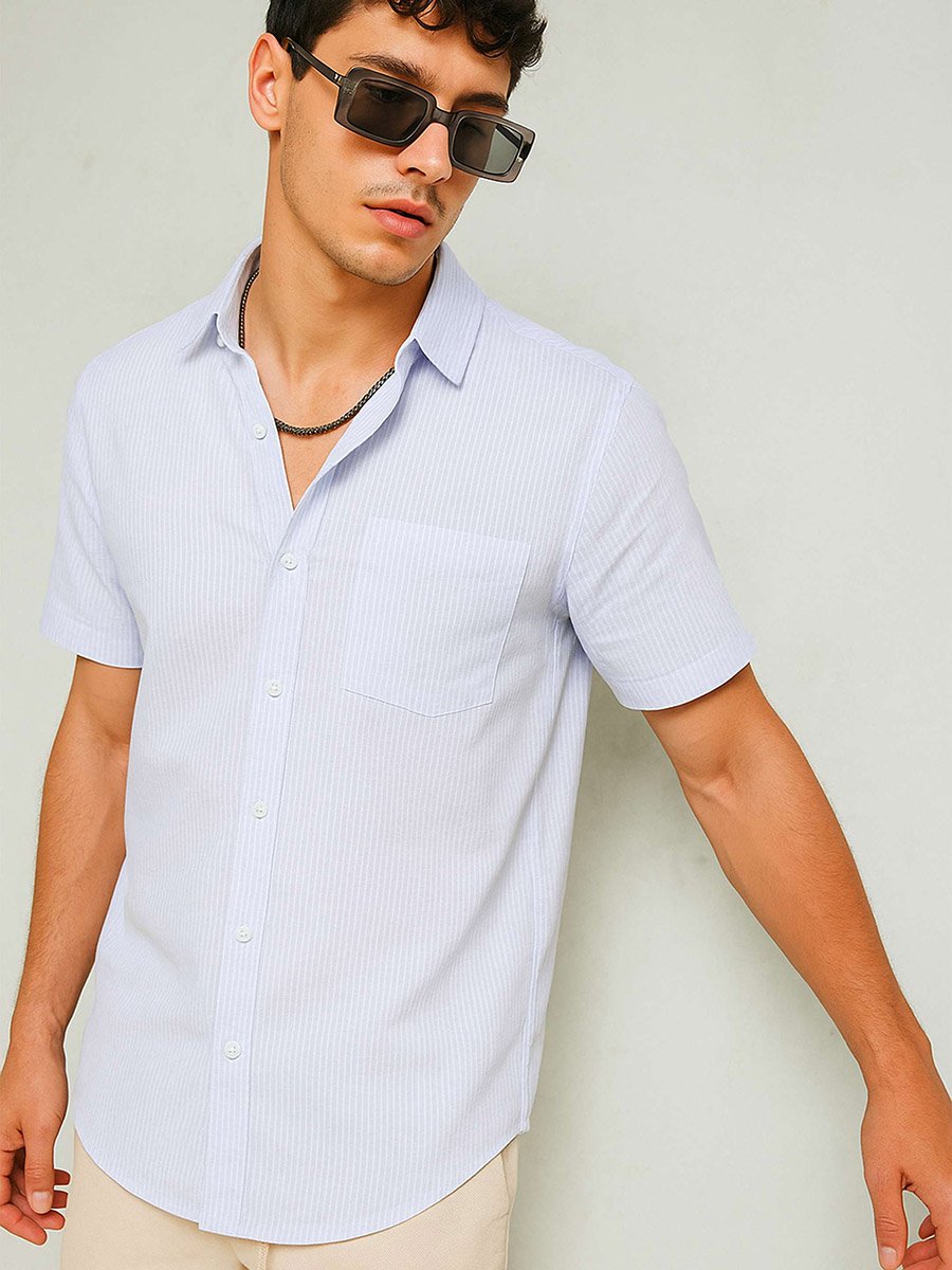 Men White Striped Short Sleeve Relaxed Fit Shirt with Pocket