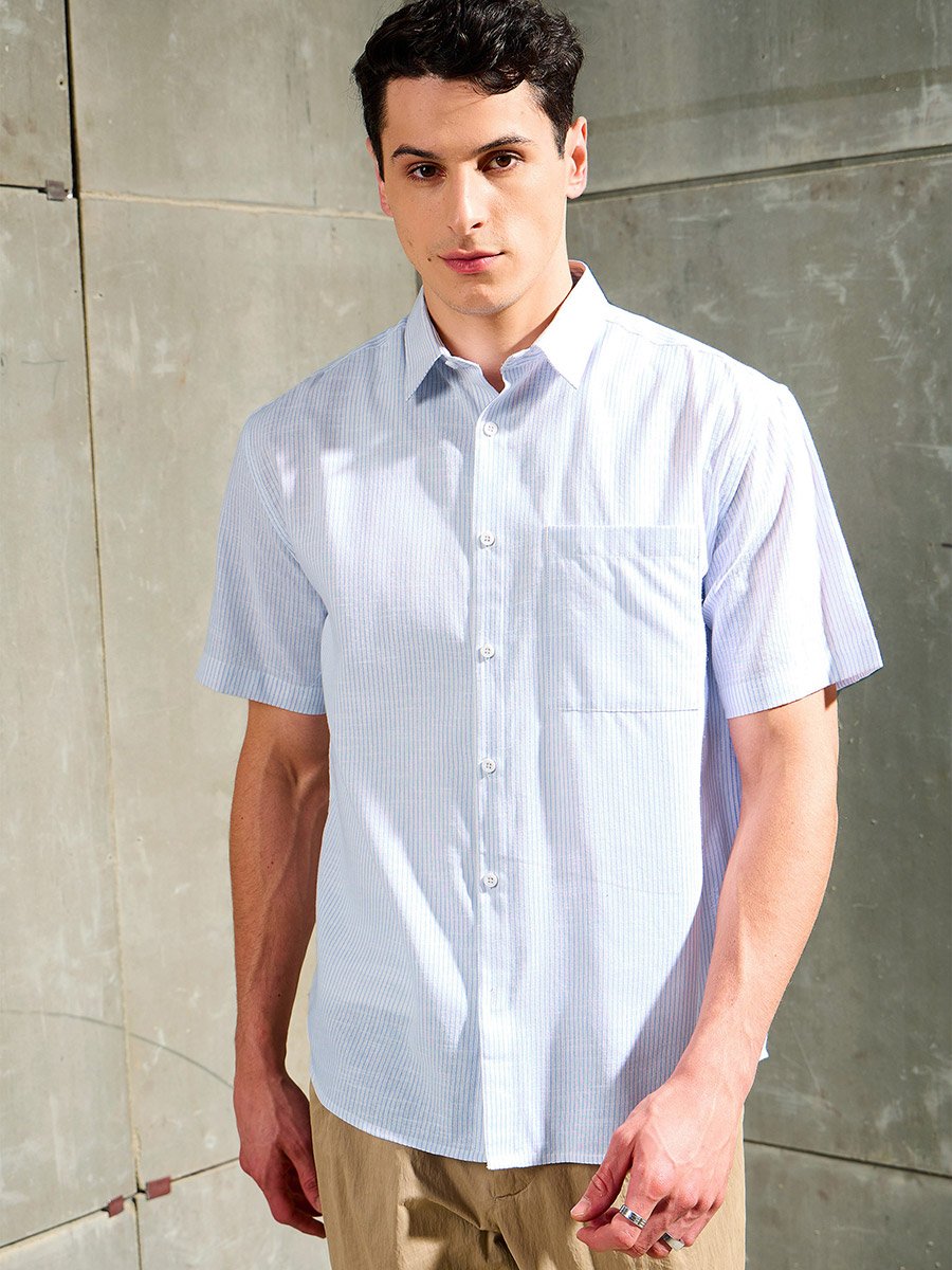 Men White Striped Short Sleeve Relaxed Fit Shirt with Pocket