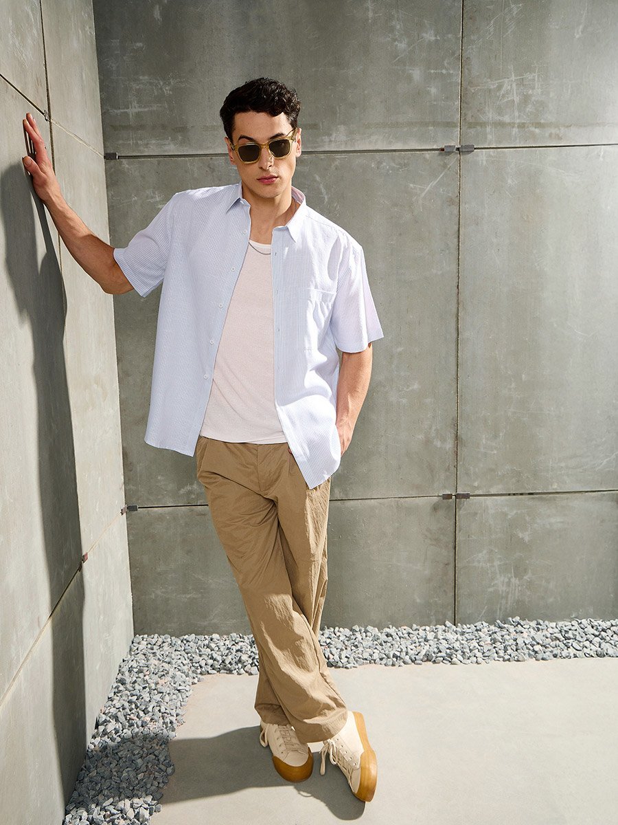 Men White Striped Short Sleeve Relaxed Fit Shirt with Pocket