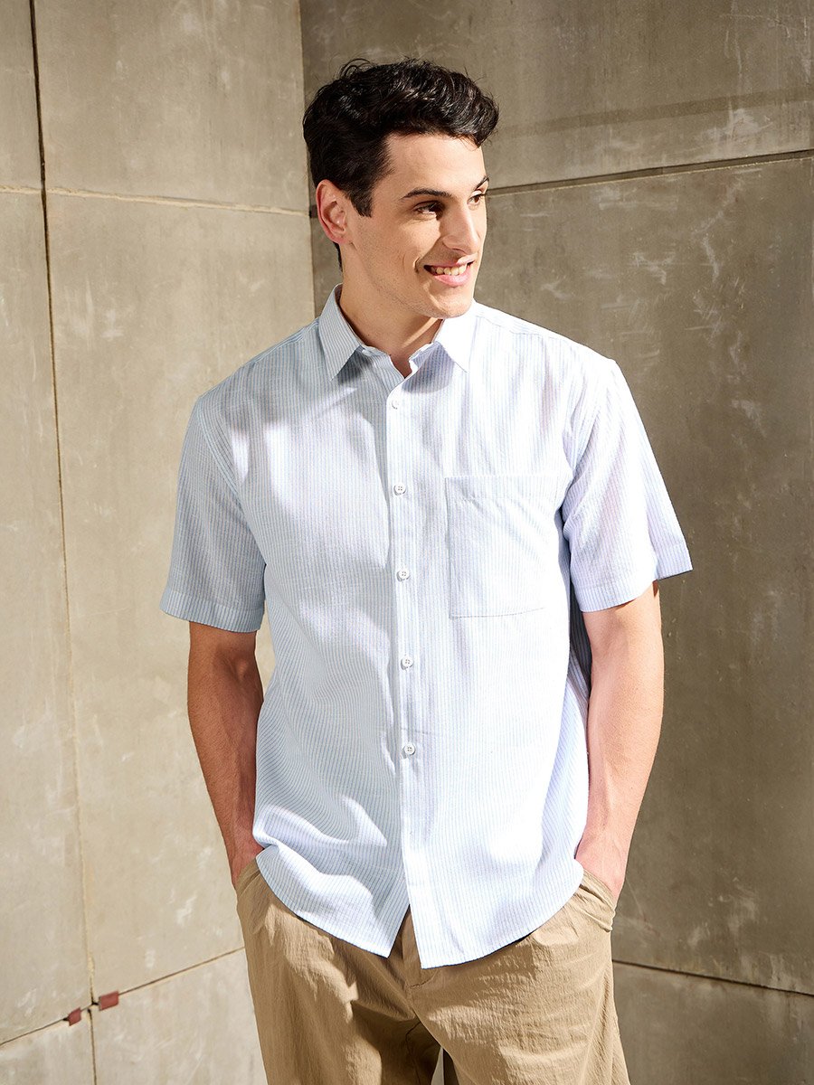 Men White Striped Short Sleeve Relaxed Fit Shirt with Pocket