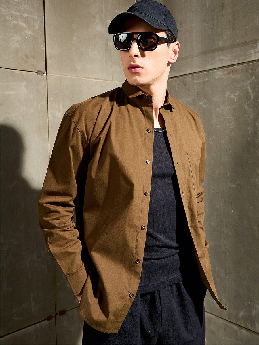 Men Olive Solid Long Sleeve Relaxed Fit Shirt with Pocket