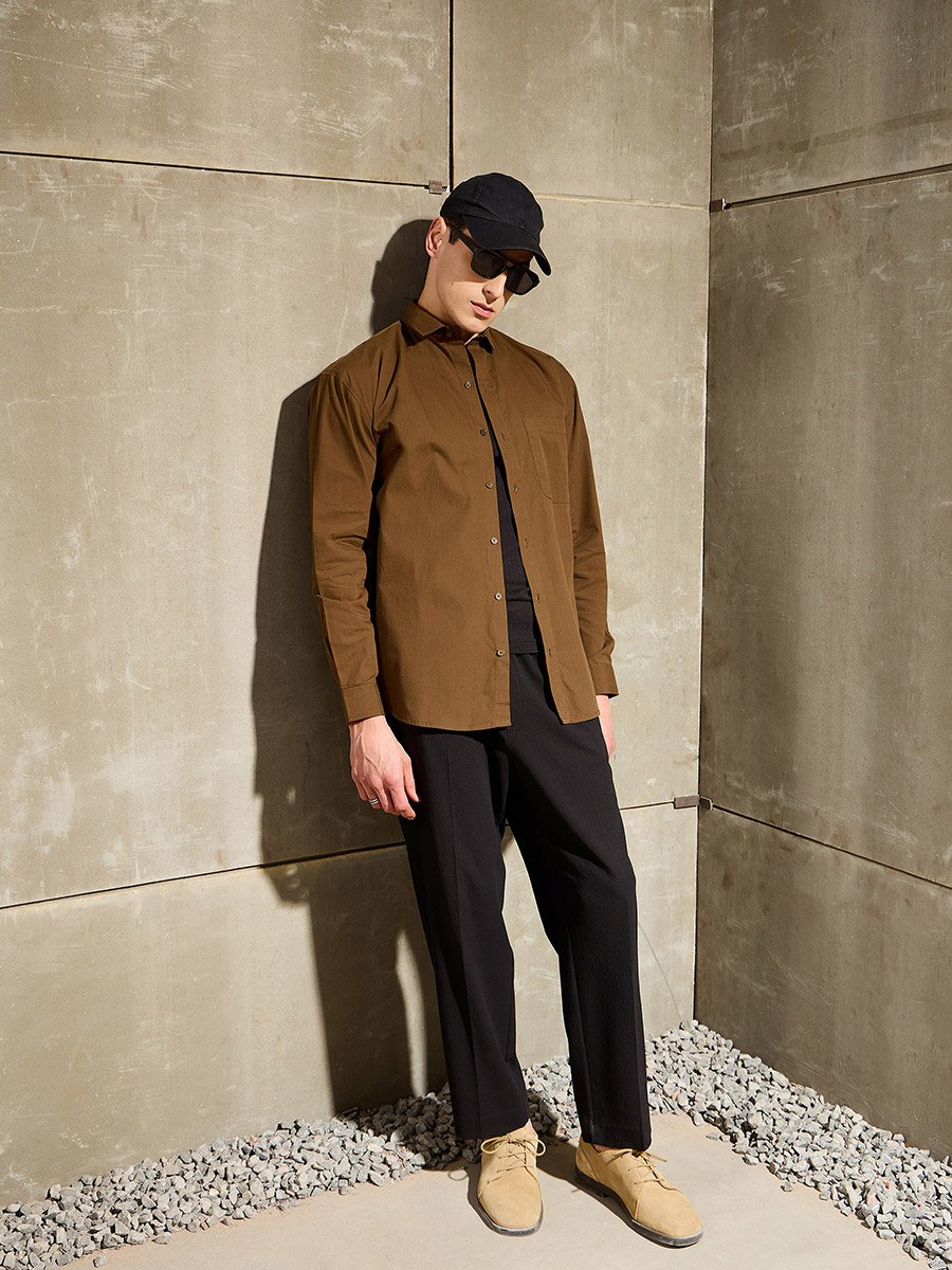 Men Olive Solid Long Sleeve Relaxed Fit Shirt with Pocket