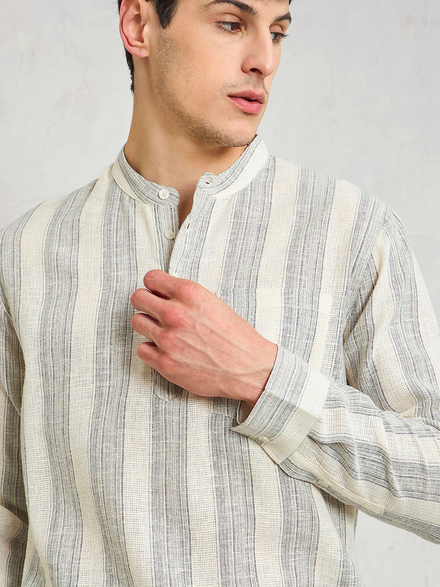 Beige Striped Relaxed Fit Kurta Shirt