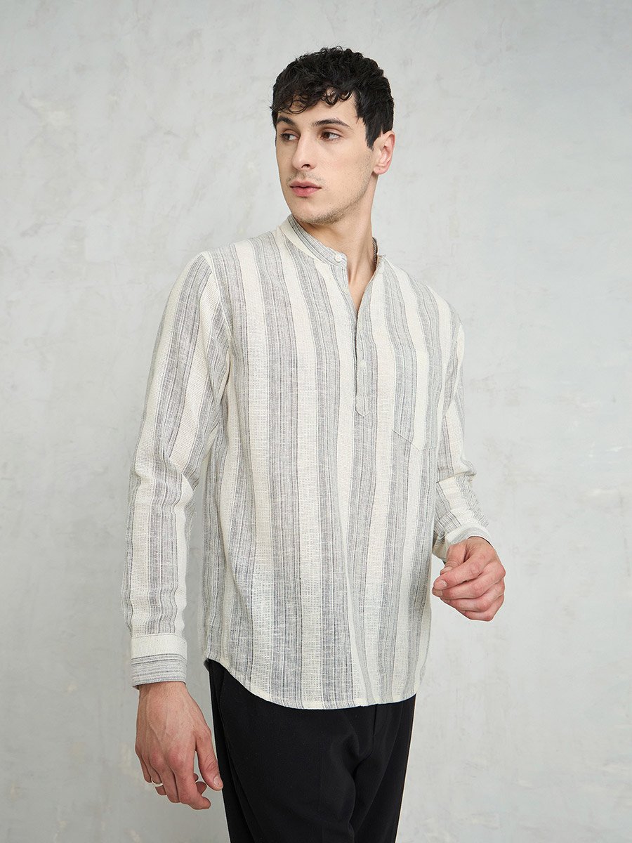 Beige Striped Relaxed Fit Kurta Shirt