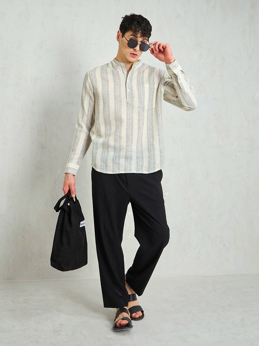 Beige Striped Relaxed Fit Kurta Shirt
