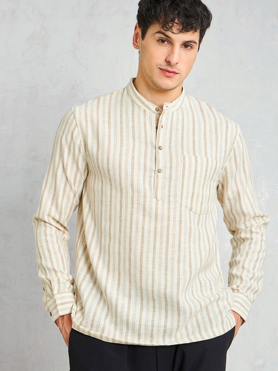 Beige Striped Relaxed Fit Kurta Shirt
