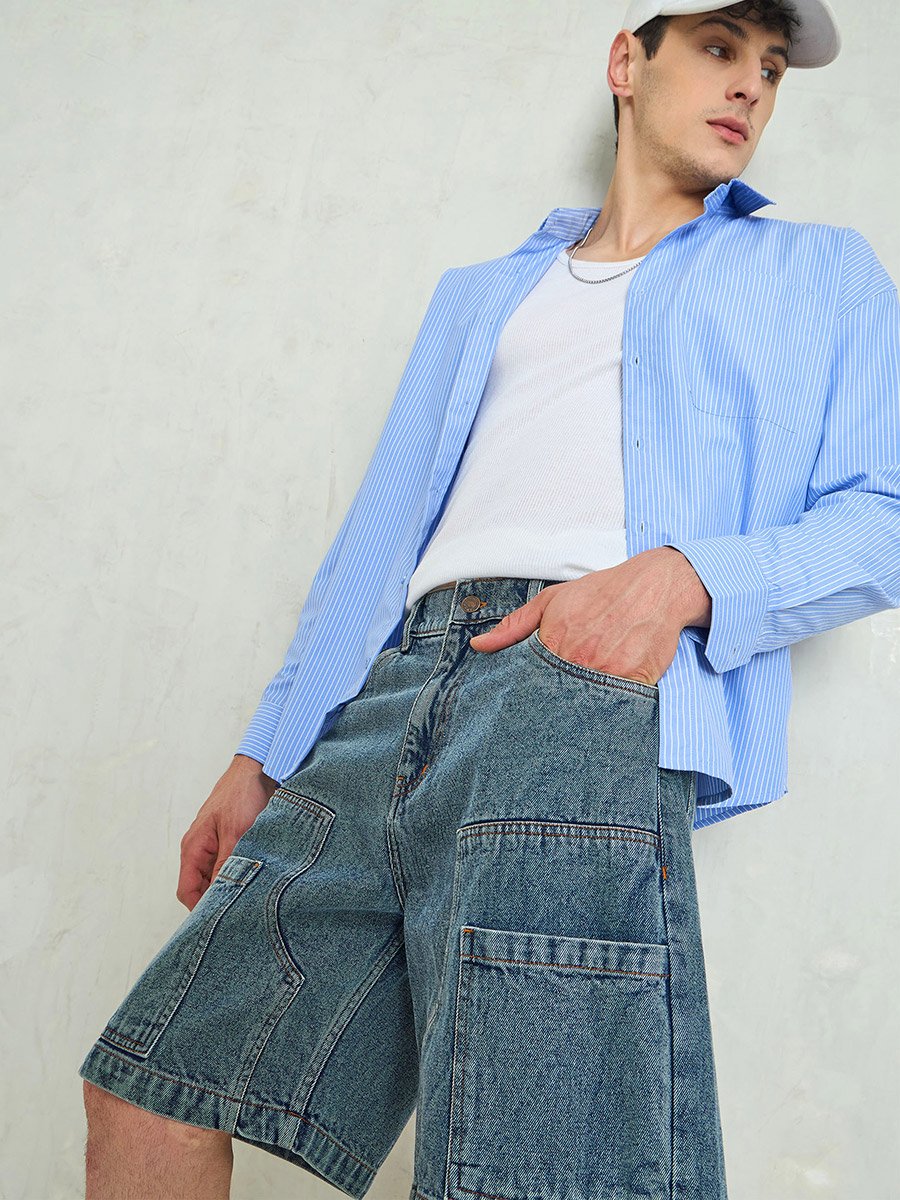 Men Blue Washed Denim Relaxed Fit Carpenter Shorts