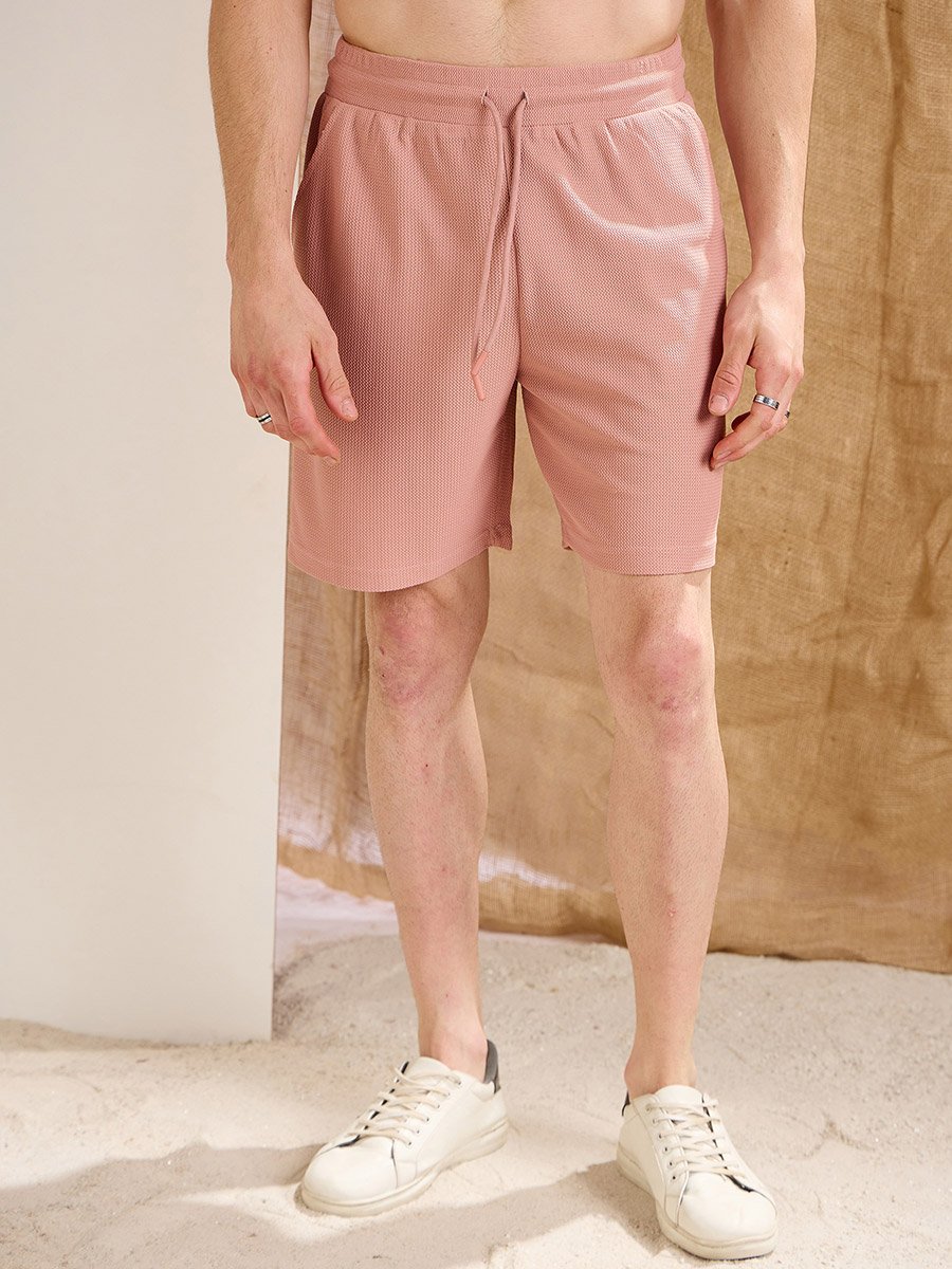 Men Pink Waffle Textured Straight Fit Shorts