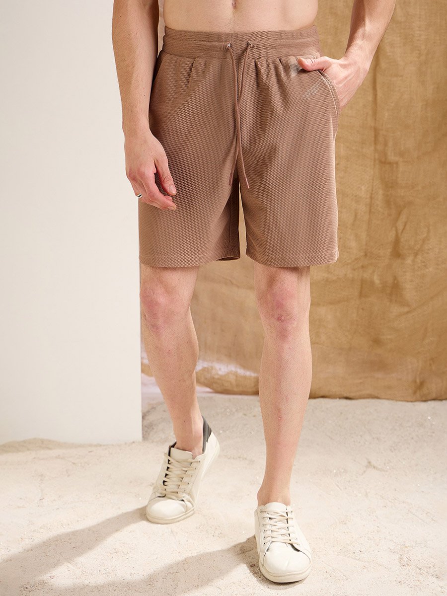 Men Brown Waffle Textured Straight Fit Shorts
