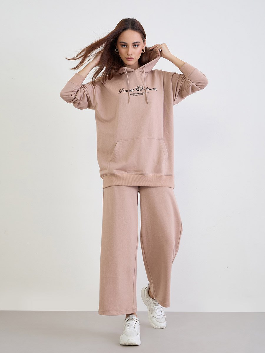 Beige Oversized Printed Hoodie and Joggers Co-Ords