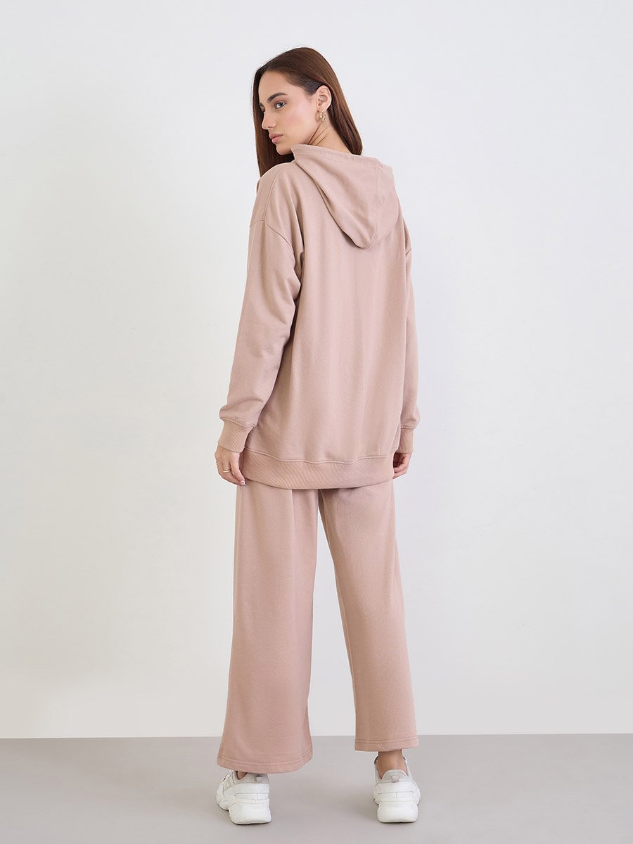 Beige Oversized Printed Hoodie and Joggers Co-Ords