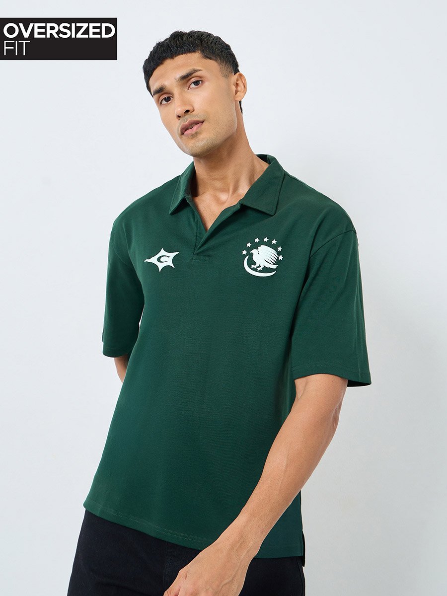 Men Green Graphic Print Oversized Polo