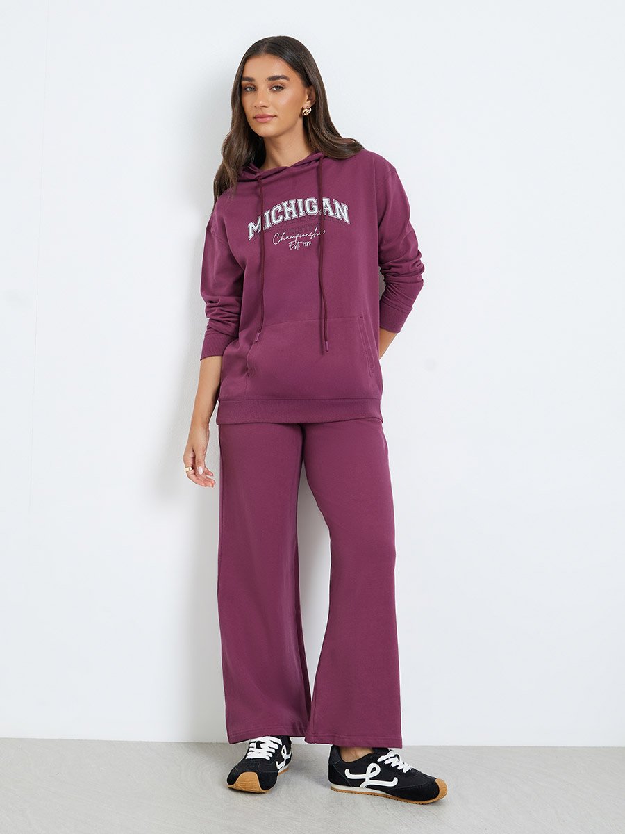 Women Purple Hoodie and Wide Leg Pants Co-Ords