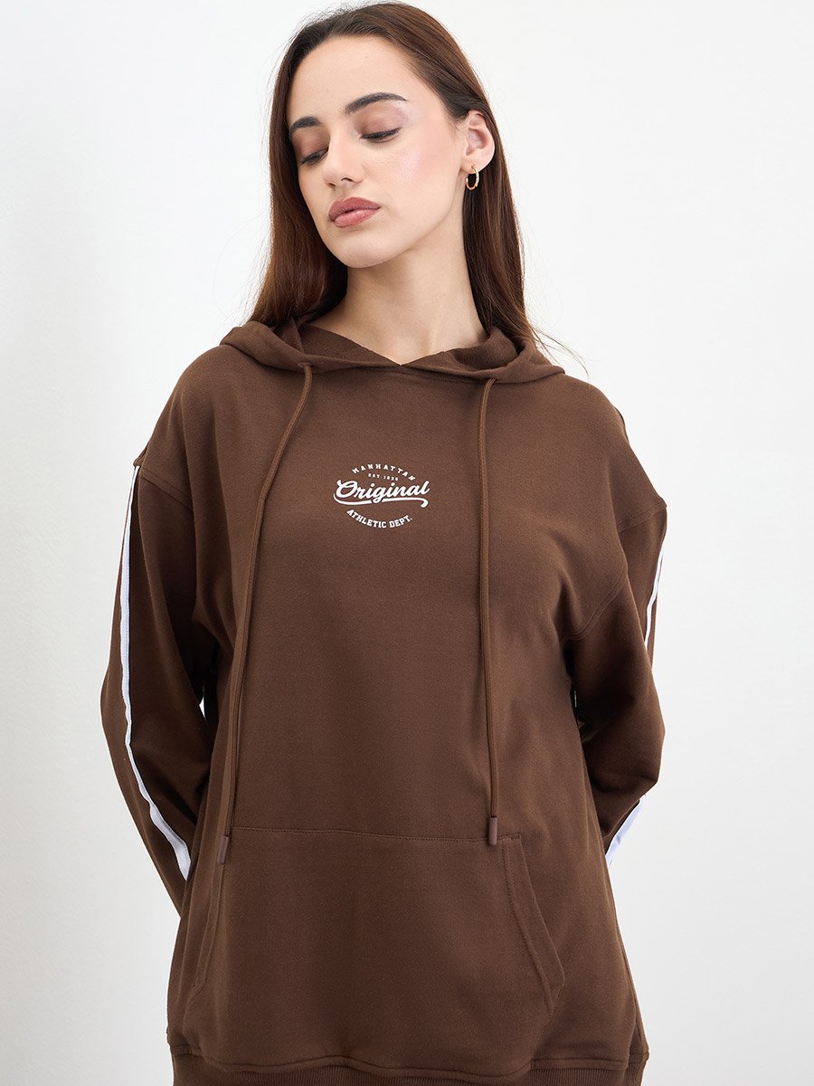 Brown Printed Longline Hoodie and Joggers Co-Ords
