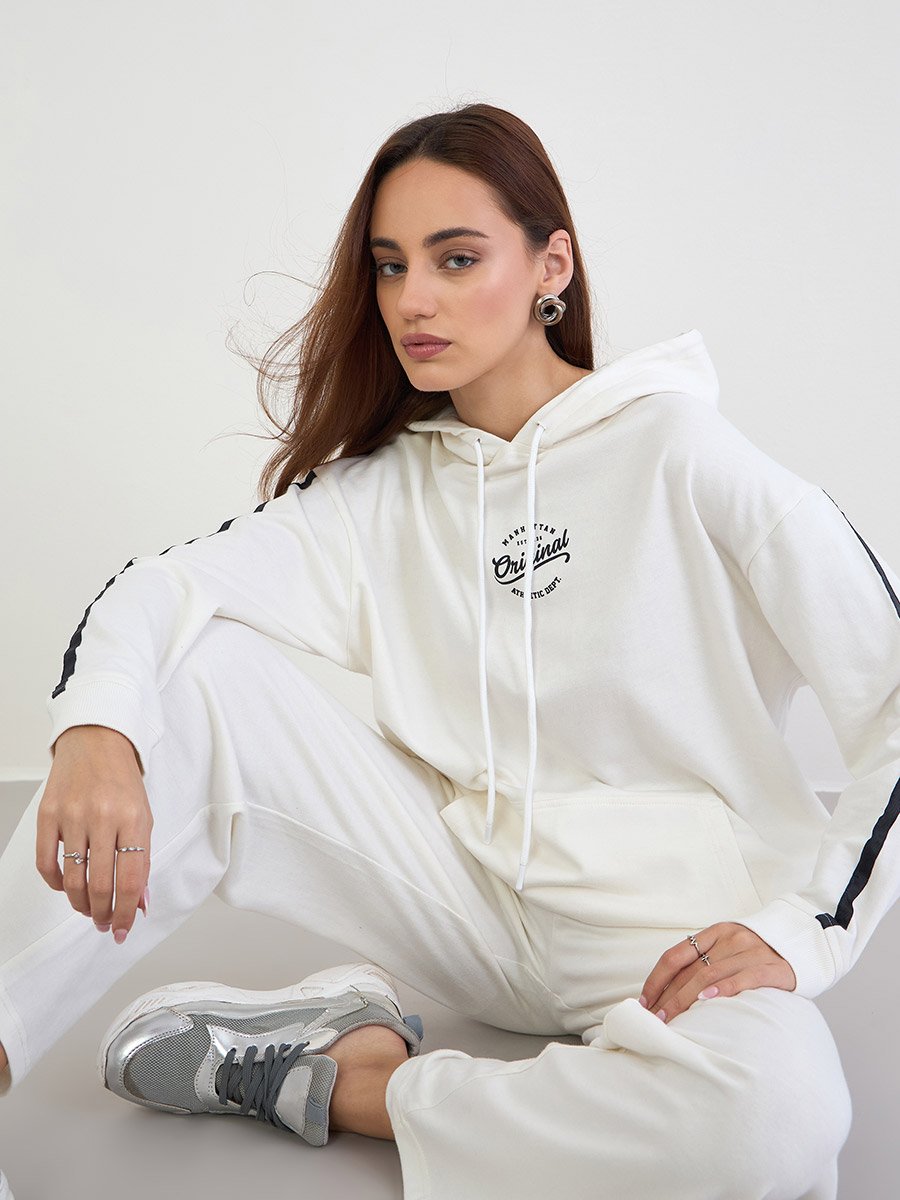 Off White Printed Longline Hoodie and Joggers Co-Ords
