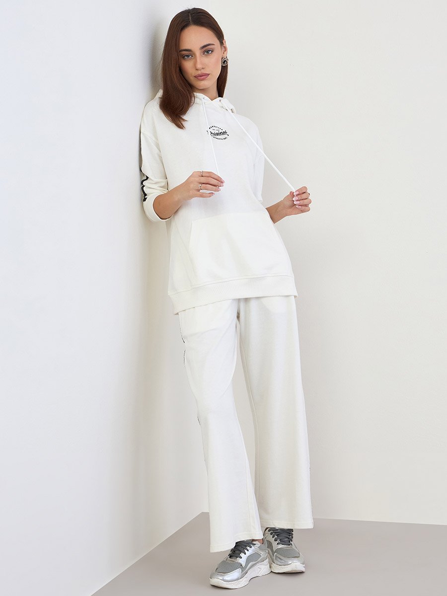 Off White Printed Longline Hoodie and Joggers Co-Ords