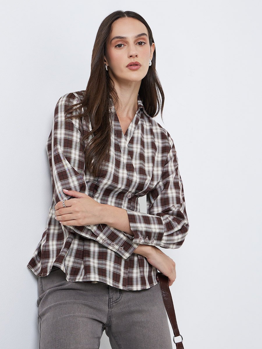 Women Brown Checked Wrap Shirt