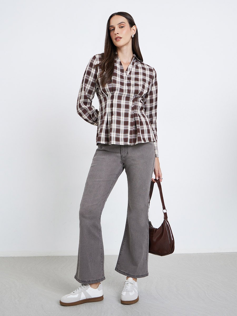 Women Brown Checked Wrap Shirt