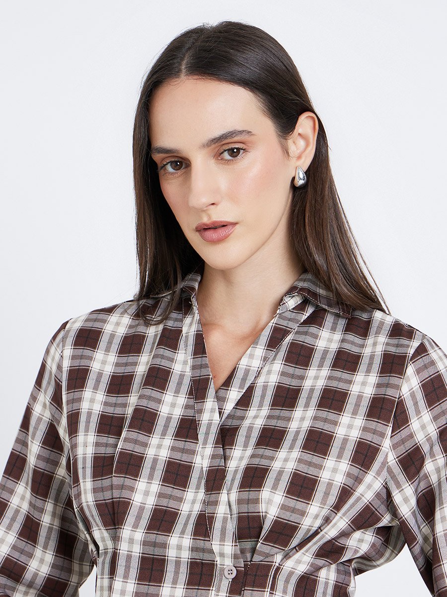 Women Brown Checked Wrap Shirt