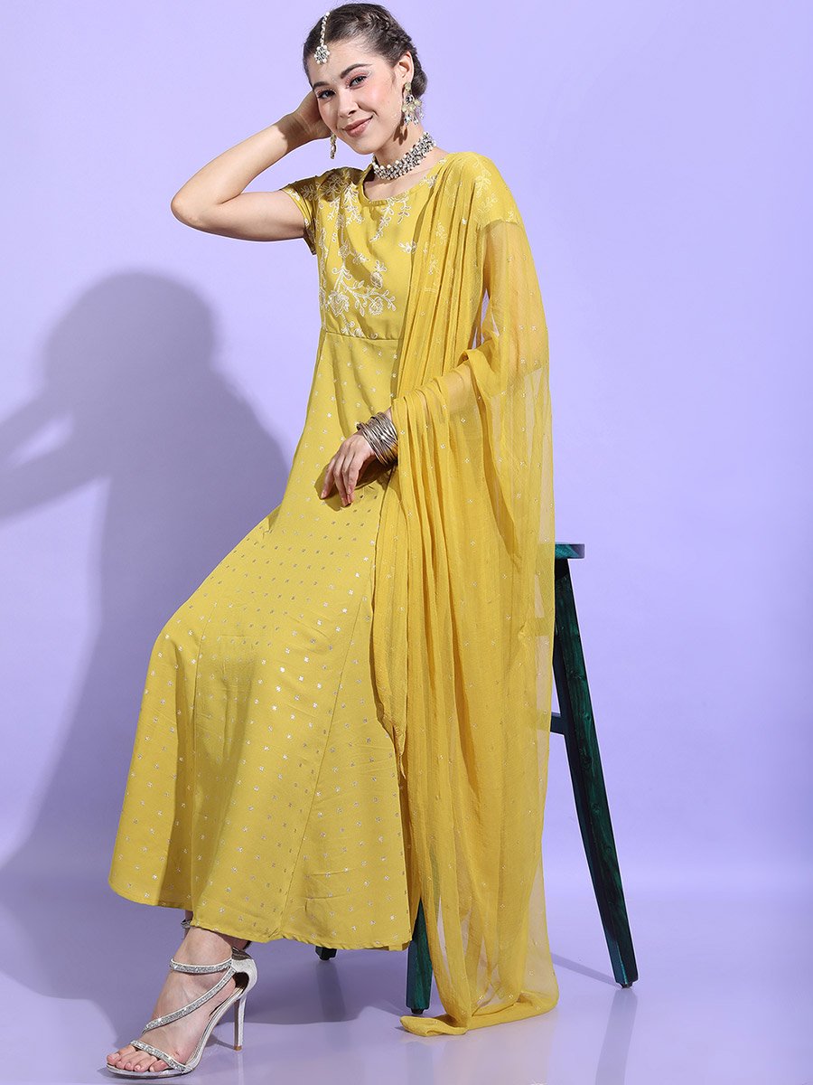 Printed Short Sleeves A-Line Maxi Dress with Dupatta