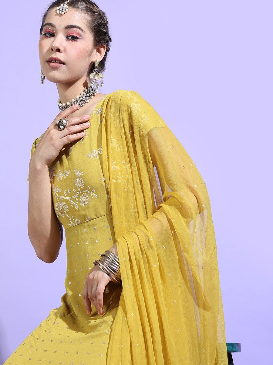 Printed Short Sleeves A-Line Maxi Dress with Dupatta