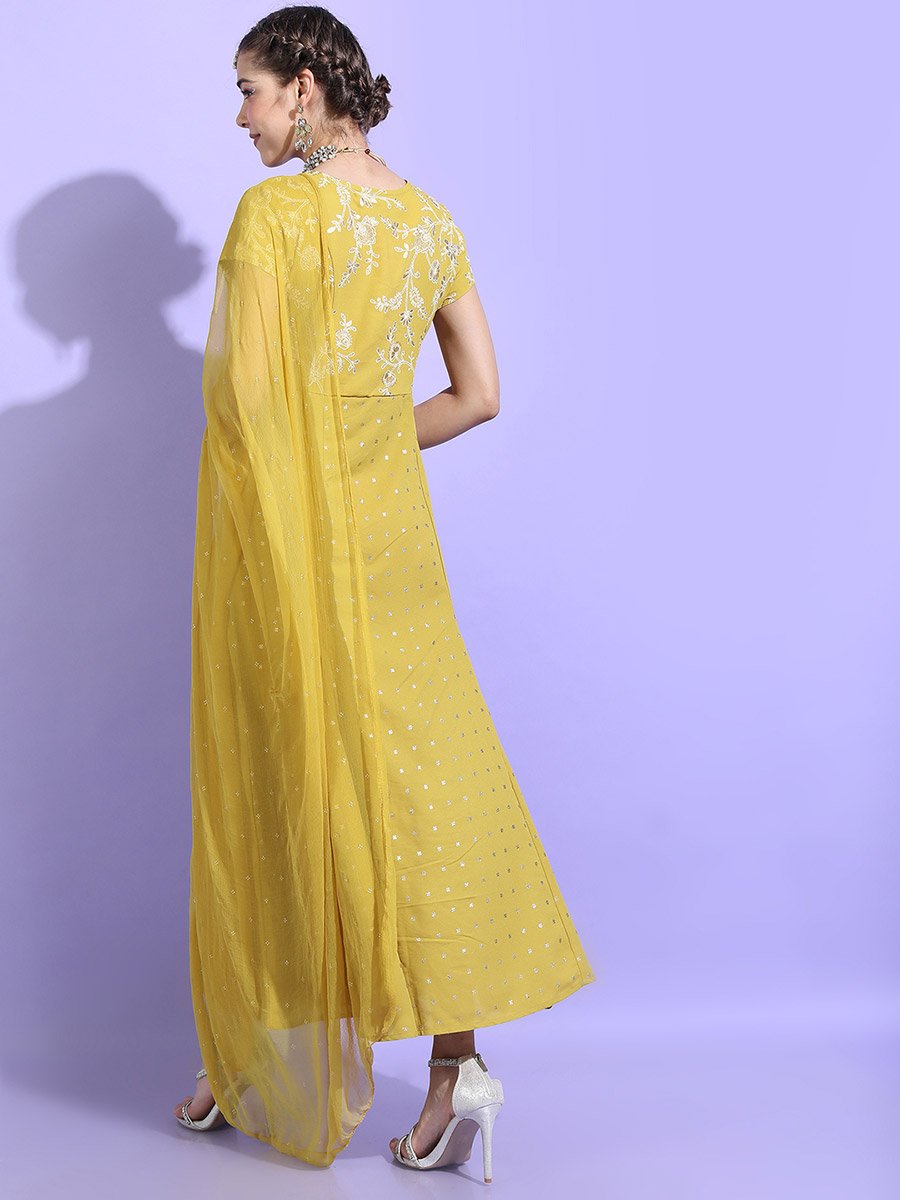 Printed Short Sleeves A-Line Maxi Dress with Dupatta