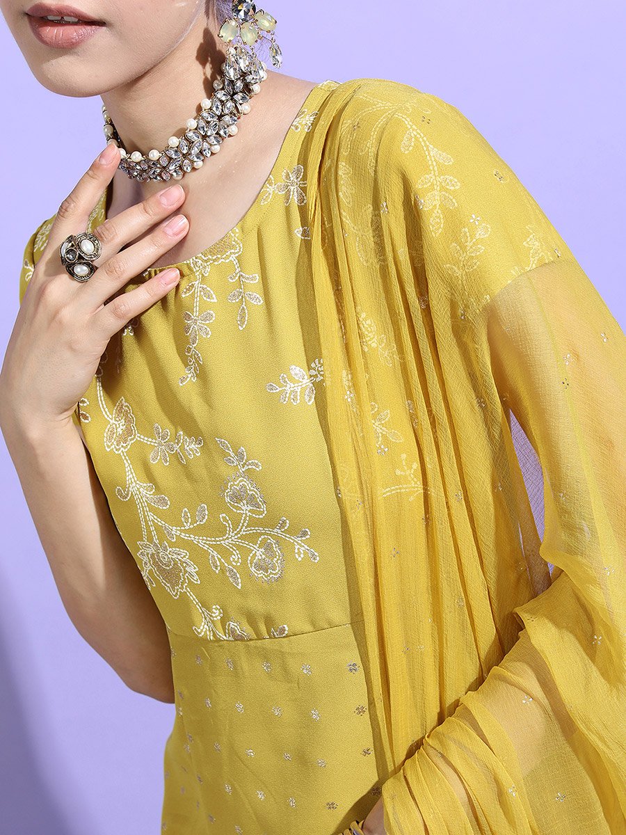 Printed Short Sleeves A-Line Maxi Dress with Dupatta