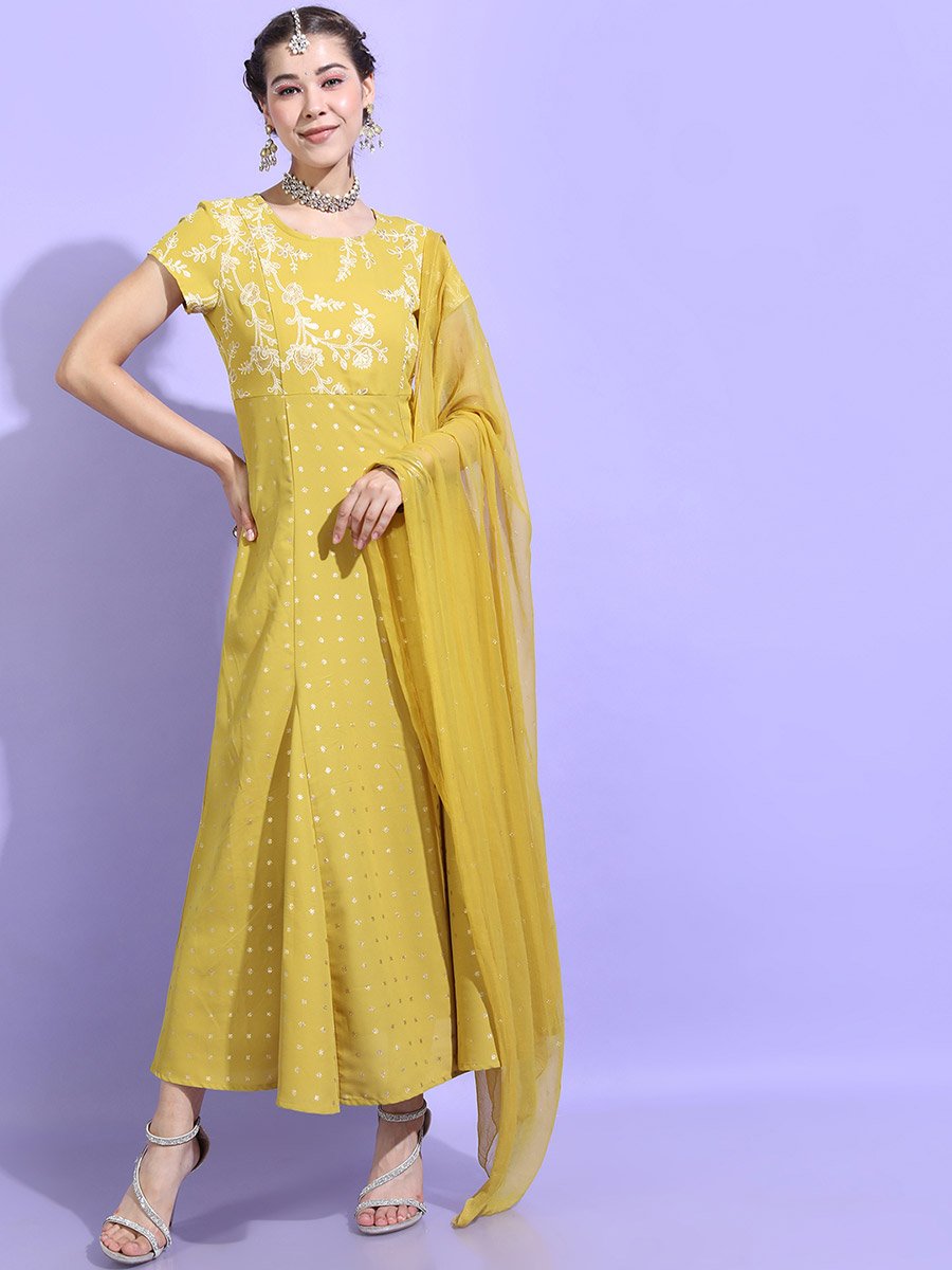 Printed Short Sleeves A-Line Maxi Dress with Dupatta