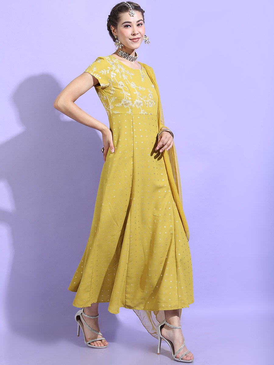 Printed Short Sleeves A-Line Maxi Dress with Dupatta