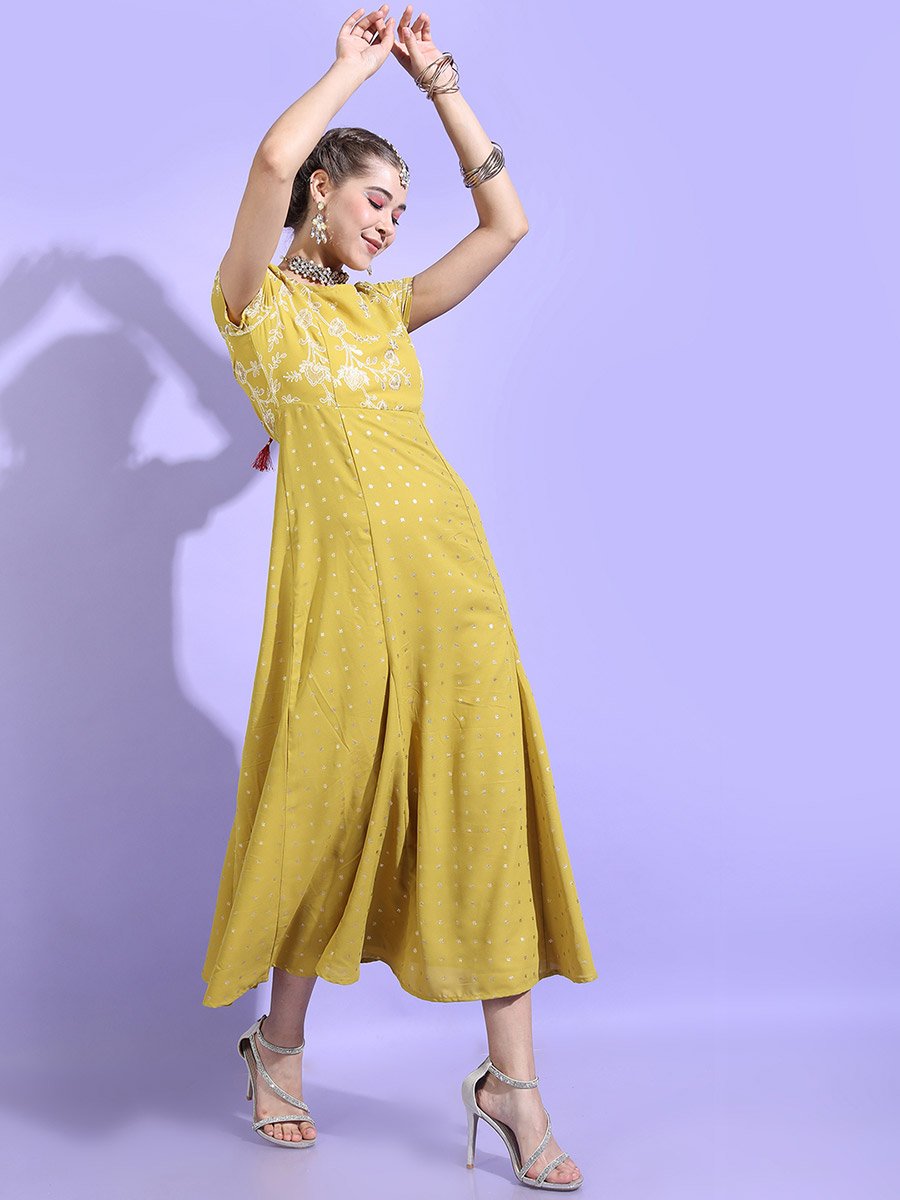 Printed Short Sleeves A-Line Maxi Dress with Dupatta
