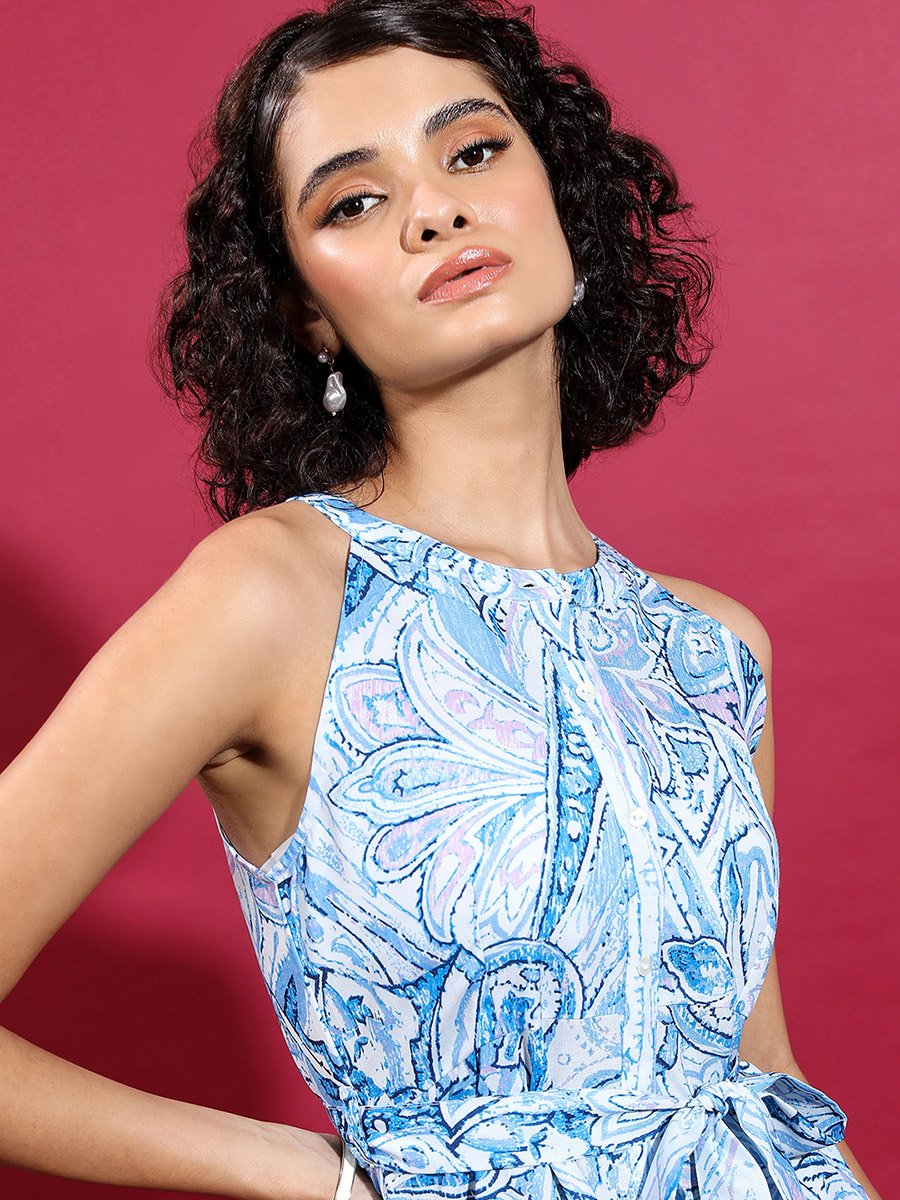 All-Over Printed Halter Neck Sheath Midi Dress with Belt