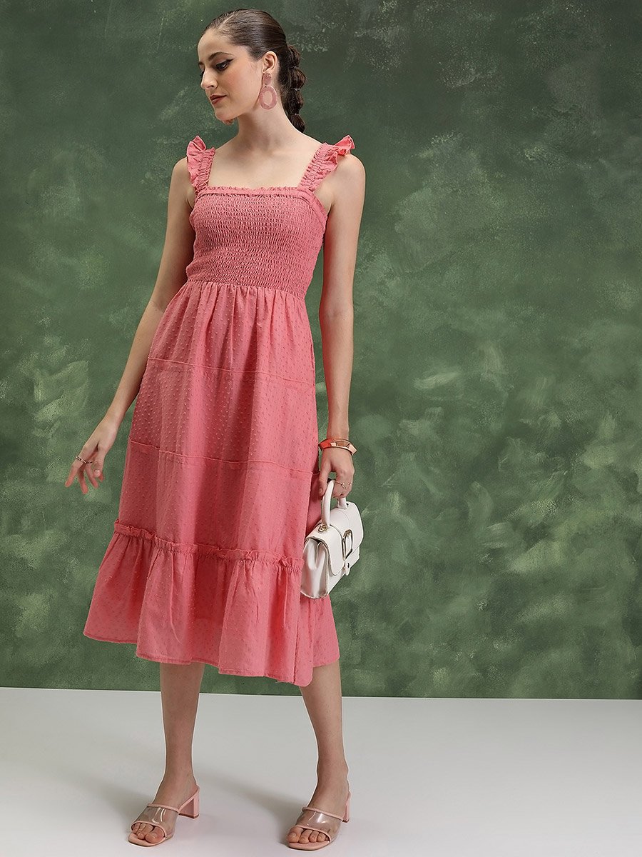 Smocked Sleeveless Cotton Tiered Midi Dress