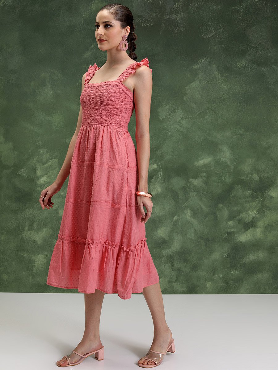 Smocked Sleeveless Cotton Tiered Midi Dress