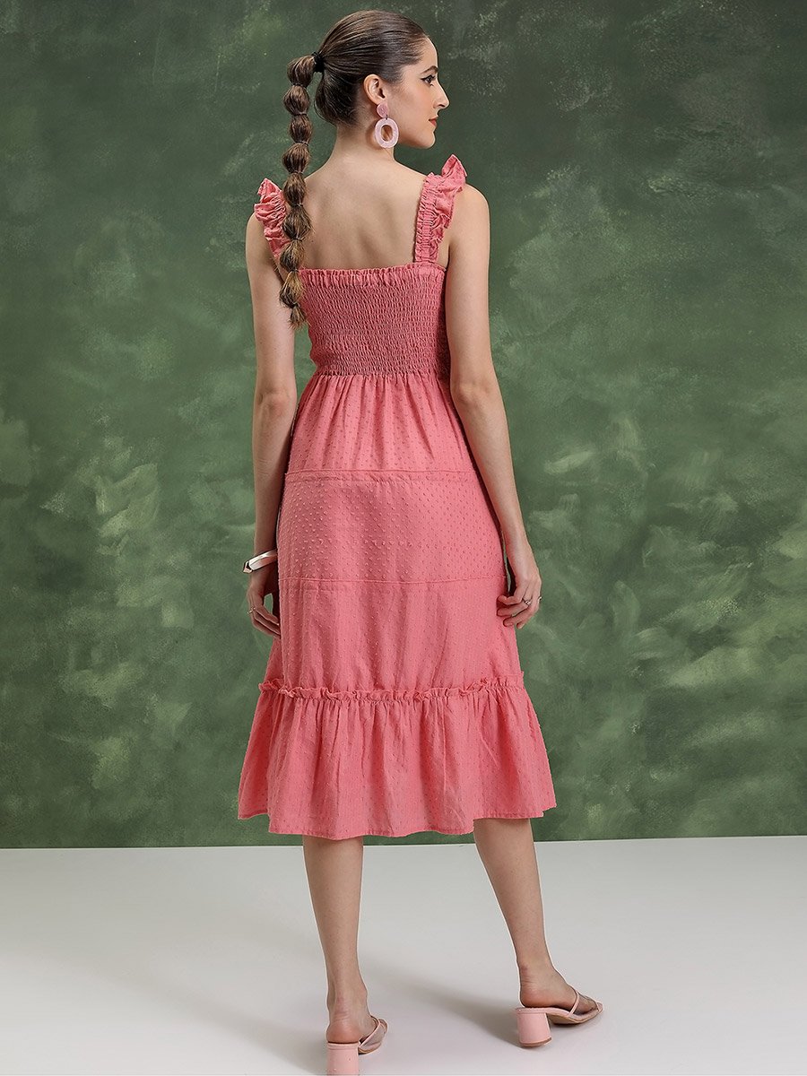 Smocked Sleeveless Cotton Tiered Midi Dress