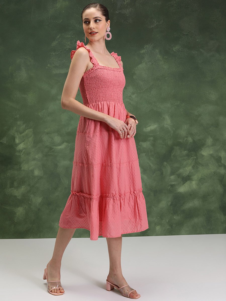 Smocked Sleeveless Cotton Tiered Midi Dress