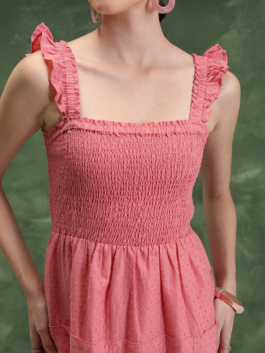 Smocked Sleeveless Cotton Tiered Midi Dress
