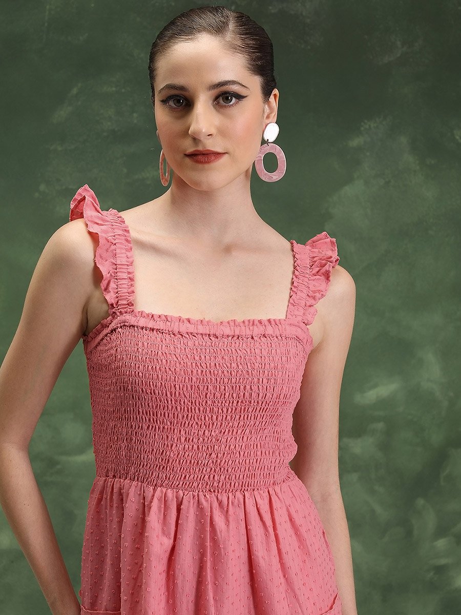 Smocked Sleeveless Cotton Tiered Midi Dress