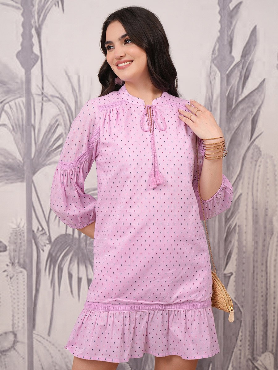 Polka Dot Print Tie-Up Neck A-Line Mini Dress