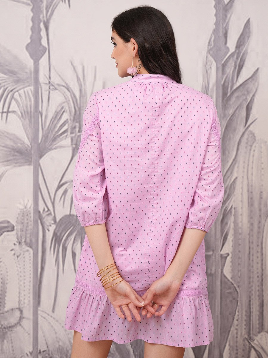 Polka Dot Print Tie-Up Neck A-Line Mini Dress